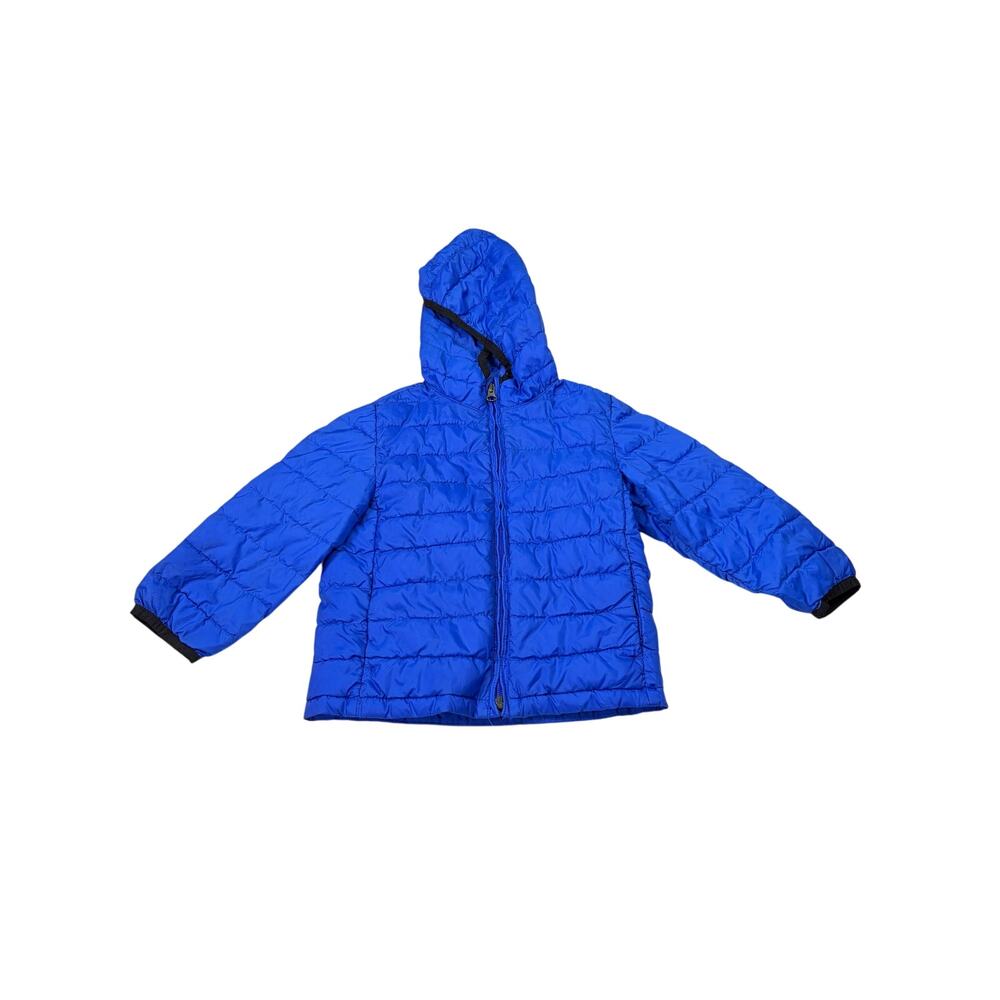 Baby Gap blue puffer jacket. Size 3T. with hood, black trim. Primaloft. winter